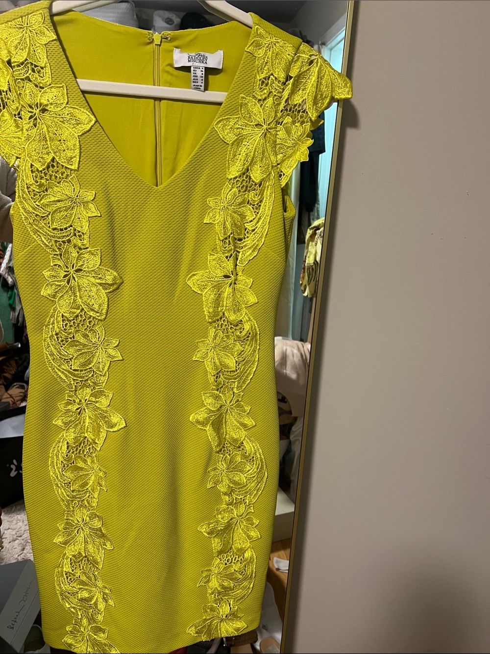 Badgley Mischka Vibrant Yellow Lace-Trim Mini Dress